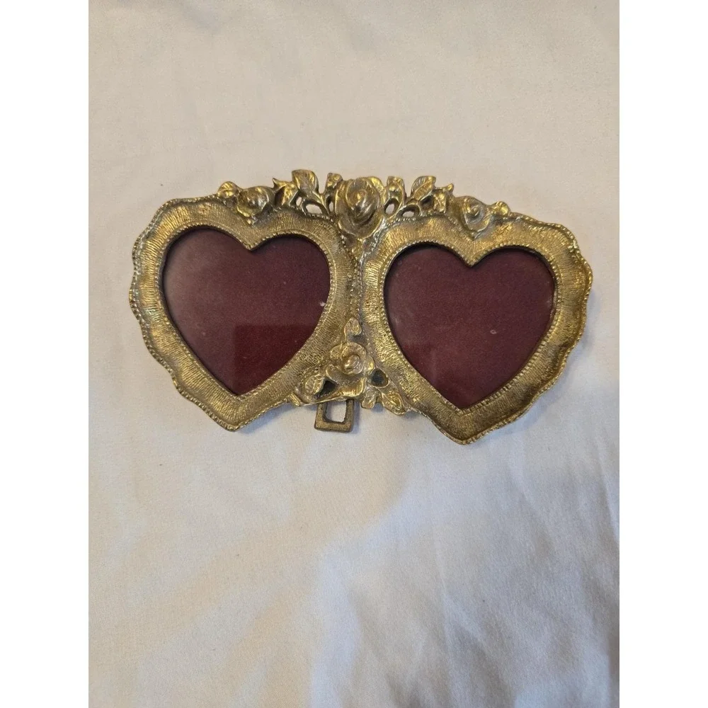 Solid Brass Ornate Double Heart Picture Frame With Roses Decorative Decor